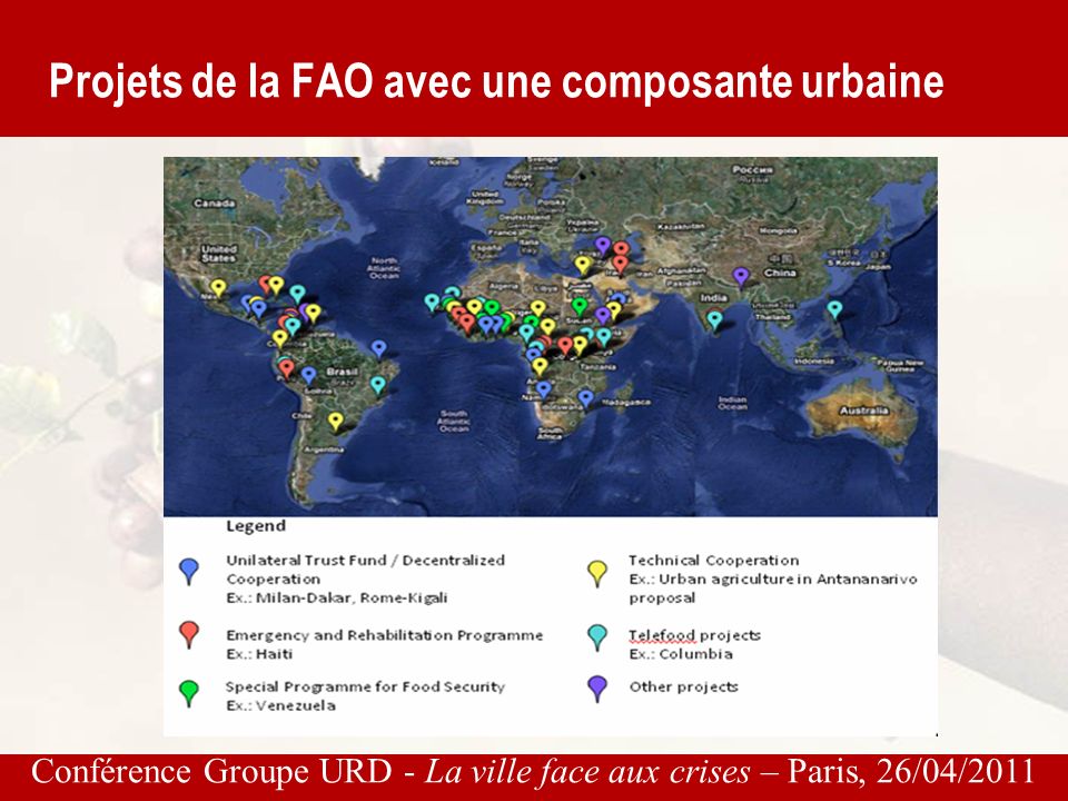 Conférence Groupe URD - La ville face aux crises – Paris, 26/04/2011 Projets de la FAO avec une composante urbaine