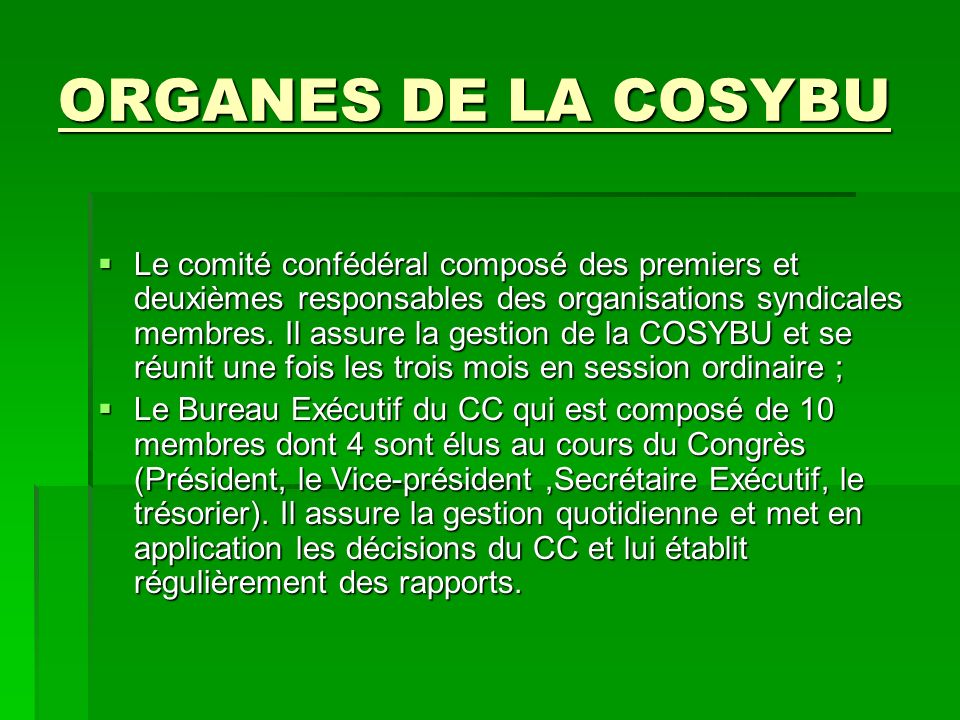 ORGANES DE LA COSYBU Le comité confédéral composé des premiers et deuxièmes responsables des organisations syndicales membres.