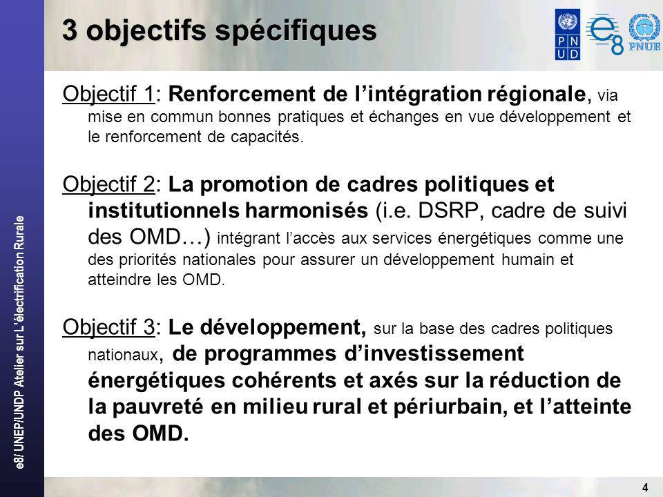 e8/ UNEP/UNDP Atelier sur L électrification Rurale 4 Objectif 1: Renforcement de lintégration régionale, via mise en commun bonnes pratiques et échanges en vue développement et le renforcement de capacités.
