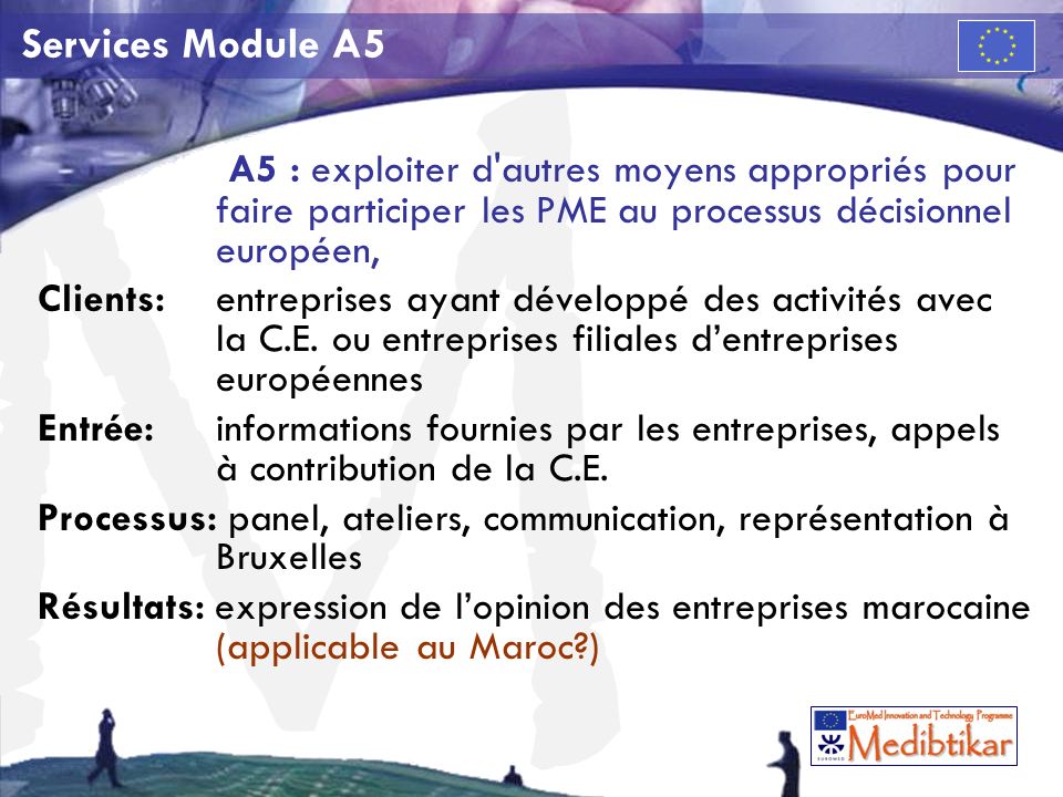 M Services Module A5 A5 : exploiter d autres moyens appropriés pour faire participer les PME au processus décisionnel européen, Clients:entreprises ayant développé des activités avec la C.E.