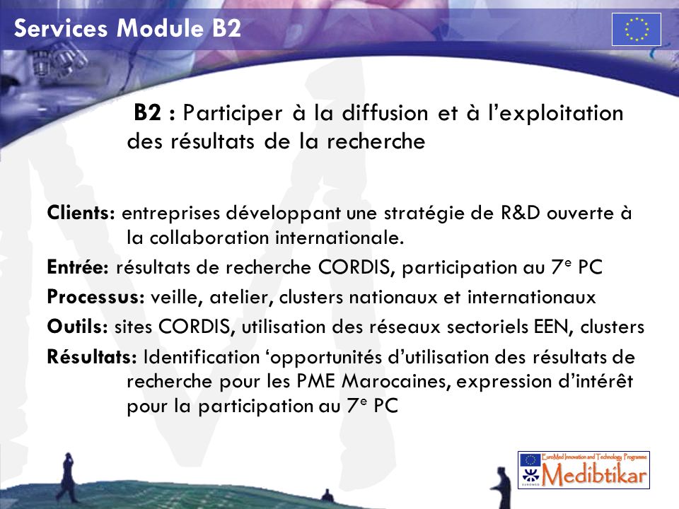 M Services Module B2 B2 : Participer à la diffusion et à lexploitation des résultats de la recherche Clients: entreprises développant une stratégie de R&D ouverte à la collaboration internationale.