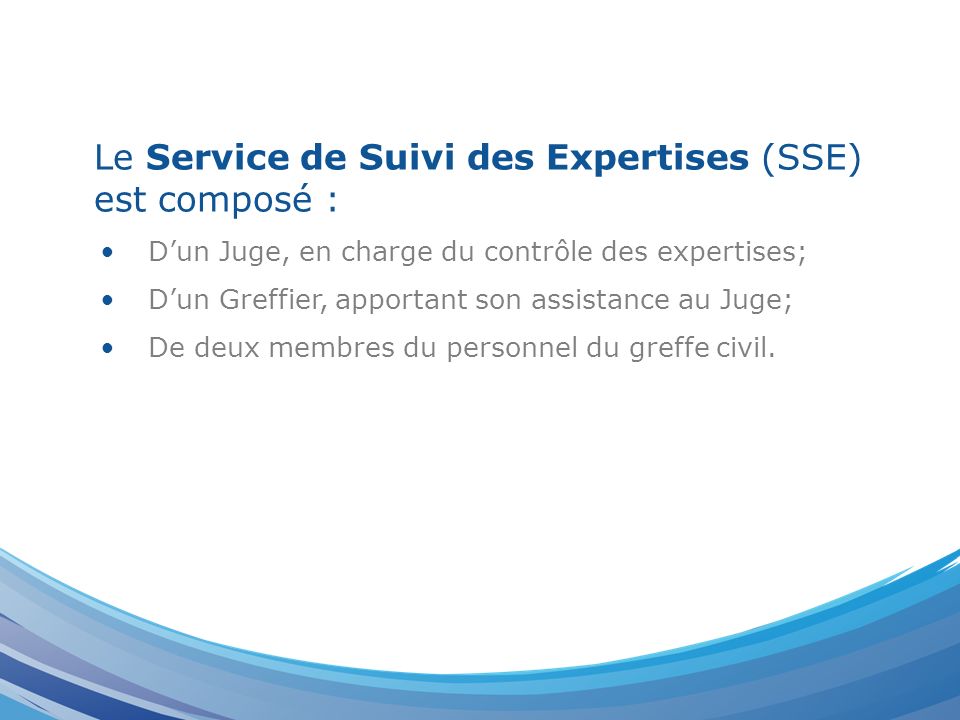 Le Service de Suivi des Expertises (SSE) est composé : Dun Juge, en charge du contrôle des expertises; Dun Greffier, apportant son assistance au Juge; De deux membres du personnel du greffe civil.