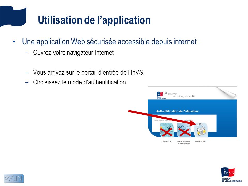 Utilisation de lapplication Une application Web sécurisée accessible depuis internet : –Ouvrez votre navigateur Internet –Vous arrivez sur le portail dentrée de lInVS.