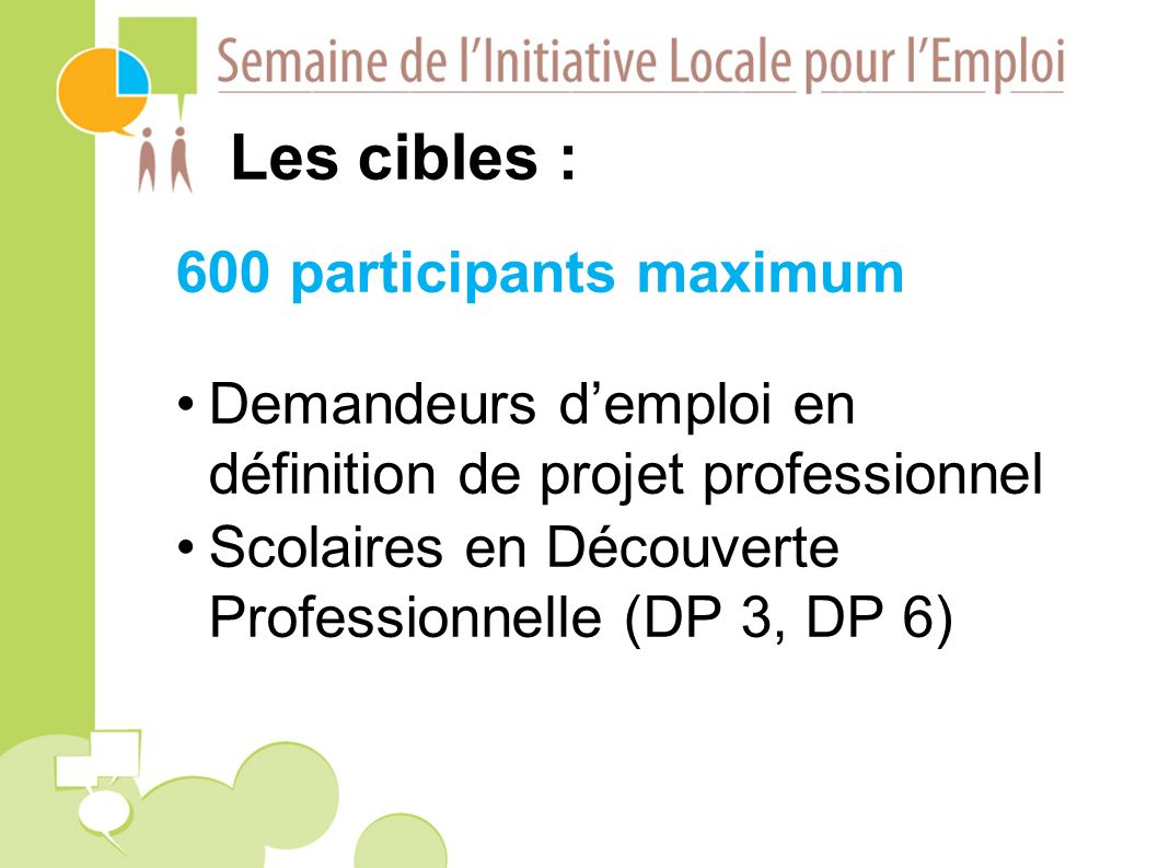 Les cibles : 600 participants maximum Demandeurs demploi en définition de projet professionnel Scolaires en Découverte Professionnelle (DP 3, DP 6)