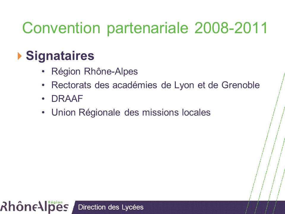 Direction des Lycées Convention partenariale Signataires Région Rhône-Alpes Rectorats des académies de Lyon et de Grenoble DRAAF Union Régionale des missions locales
