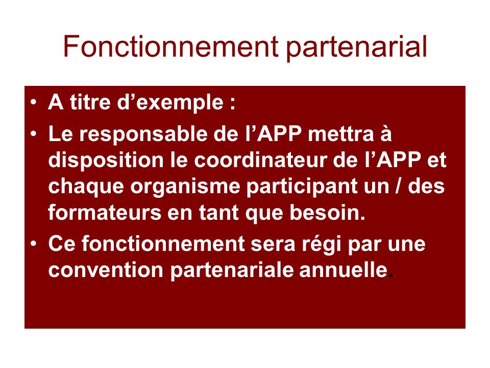 Fonctionnement partenarial A titre dexemple : Le responsable de lAPP mettra à disposition le coordinateur de lAPP et chaque organisme participant un / des formateurs en tant que besoin.