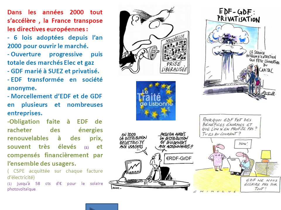 Dans les années 2000 tout saccélère, la France transpose les directives européennes : - 6 lois adoptées depuis lan 2000 pour ouvrir le marché.