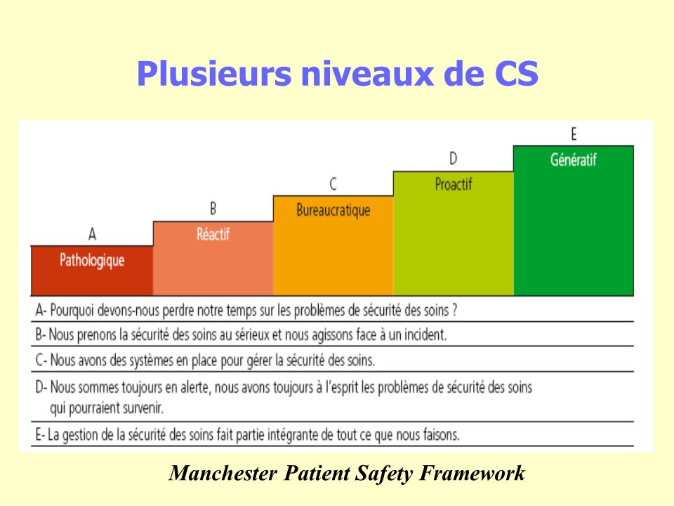 Plusieurs niveaux de CS Manchester Patient Safety Framework