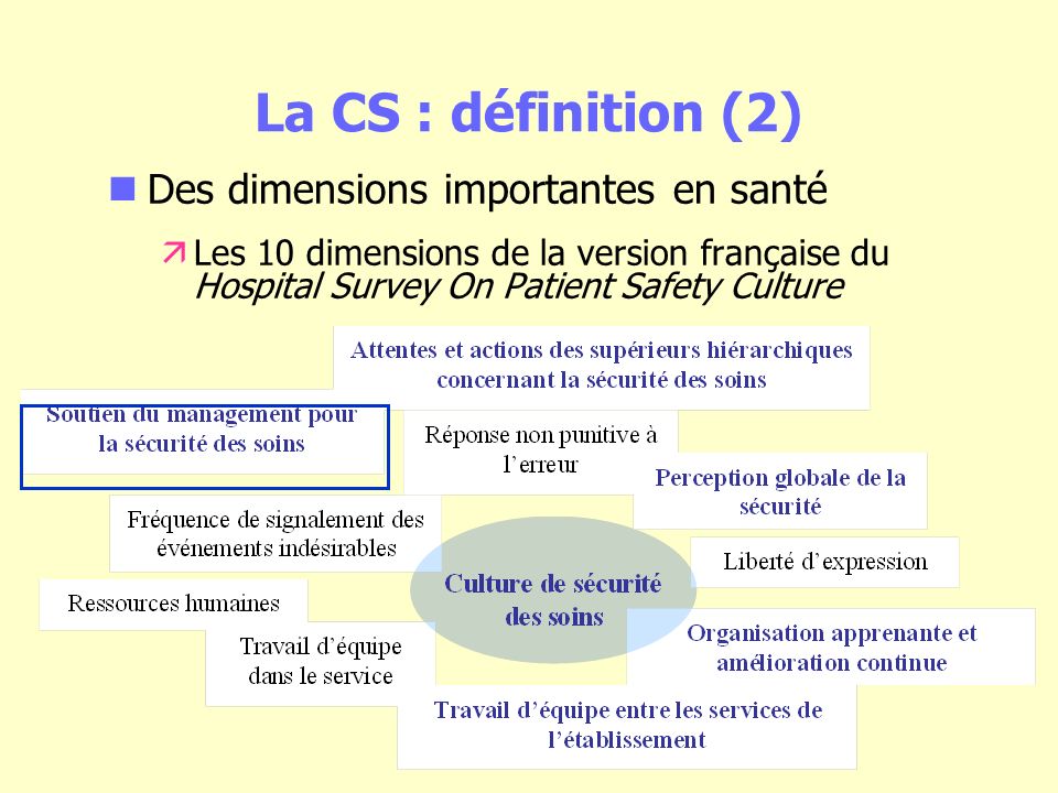 Des dimensions importantes en santé äLes 10 dimensions de la version française du Hospital Survey On Patient Safety Culture La CS : définition (2)