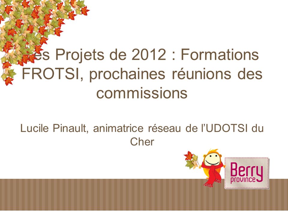 Les Projets de 2012 : Formations FROTSI, prochaines réunions des commissions Lucile Pinault, animatrice réseau de lUDOTSI du Cher