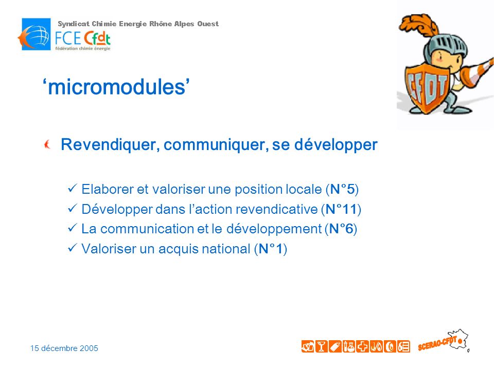 15 décembre 2005 micromodules Revendiquer, communiquer, se développer Elaborer et valoriser une position locale (N°5) Développer dans laction revendicative (N°11) La communication et le développement (N°6) Valoriser un acquis national (N°1)