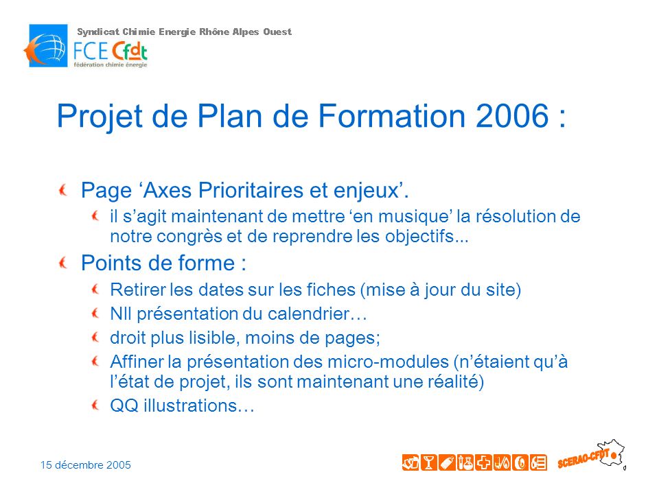 Projet de Plan de Formation 2006 : Page Axes Prioritaires et enjeux.