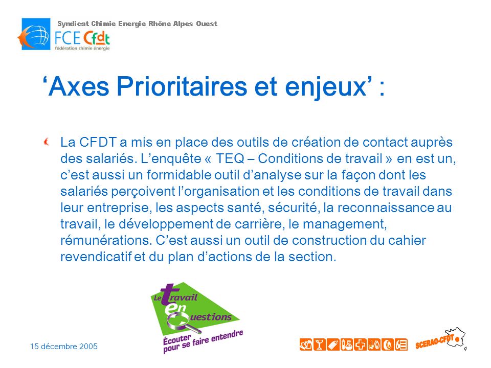 15 décembre 2005 Axes Prioritaires et enjeux : La CFDT a mis en place des outils de création de contact auprès des salariés.