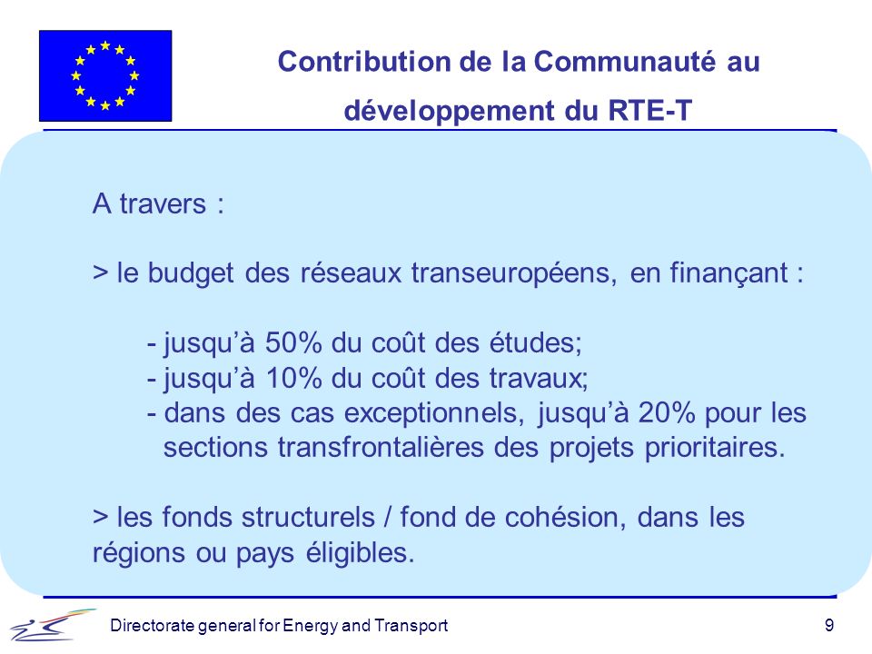 Directorate general for Energy and Transport9 Contribution de la Communauté au développement du RTE-T A travers : > le budget des réseaux transeuropéens, en finançant : - jusquà 50% du coût des études; - jusquà 10% du coût des travaux; - dans des cas exceptionnels, jusquà 20% pour les sections transfrontalières des projets prioritaires.