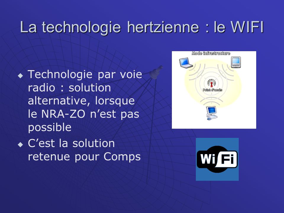 La technologie hertzienne : le WIFI Technologie par voie radio : solution alternative, lorsque le NRA-ZO nest pas possible Cest la solution retenue pour Comps