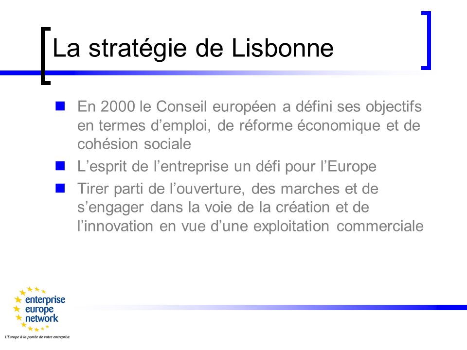 La stratégie de Lisbonne En 2000 le Conseil européen a défini ses objectifs en termes demploi, de réforme économique et de cohésion sociale Lesprit de lentreprise un défi pour lEurope Tirer parti de louverture, des marches et de sengager dans la voie de la création et de linnovation en vue dune exploitation commerciale
