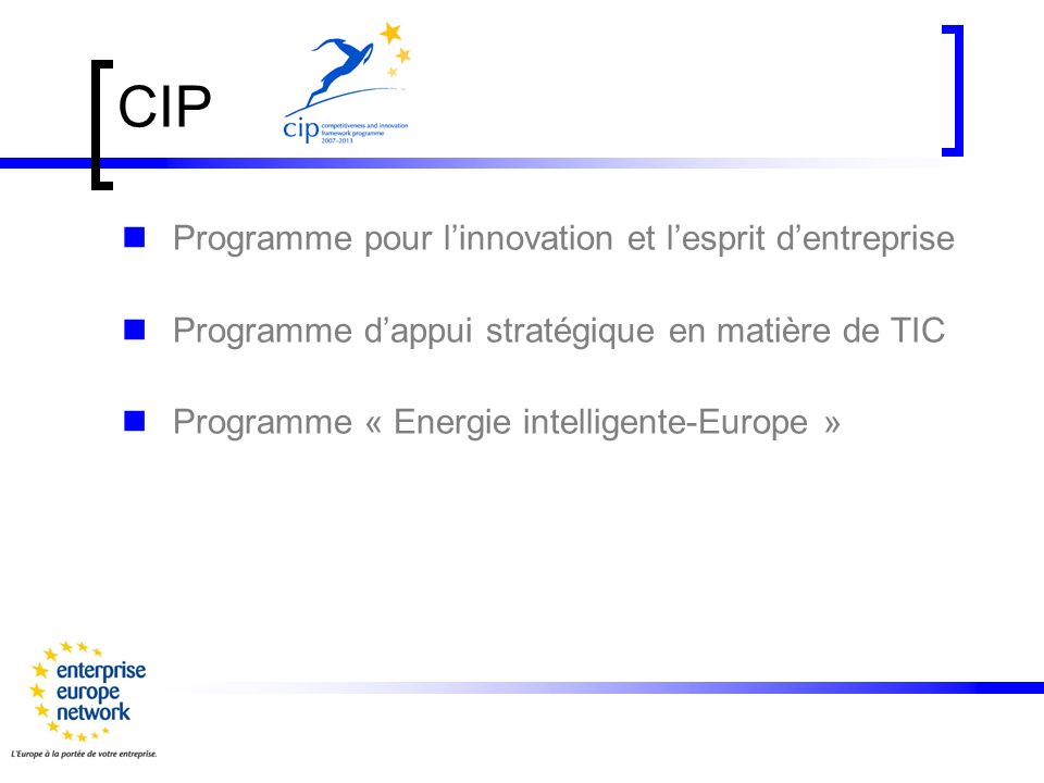 CIP Programme pour linnovation et lesprit dentreprise Programme dappui stratégique en matière de TIC Programme « Energie intelligente-Europe »