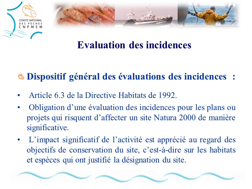 Evaluation des incidences Dispositif général des évaluations des incidences : Article 6.3 de la Directive Habitats de 1992.