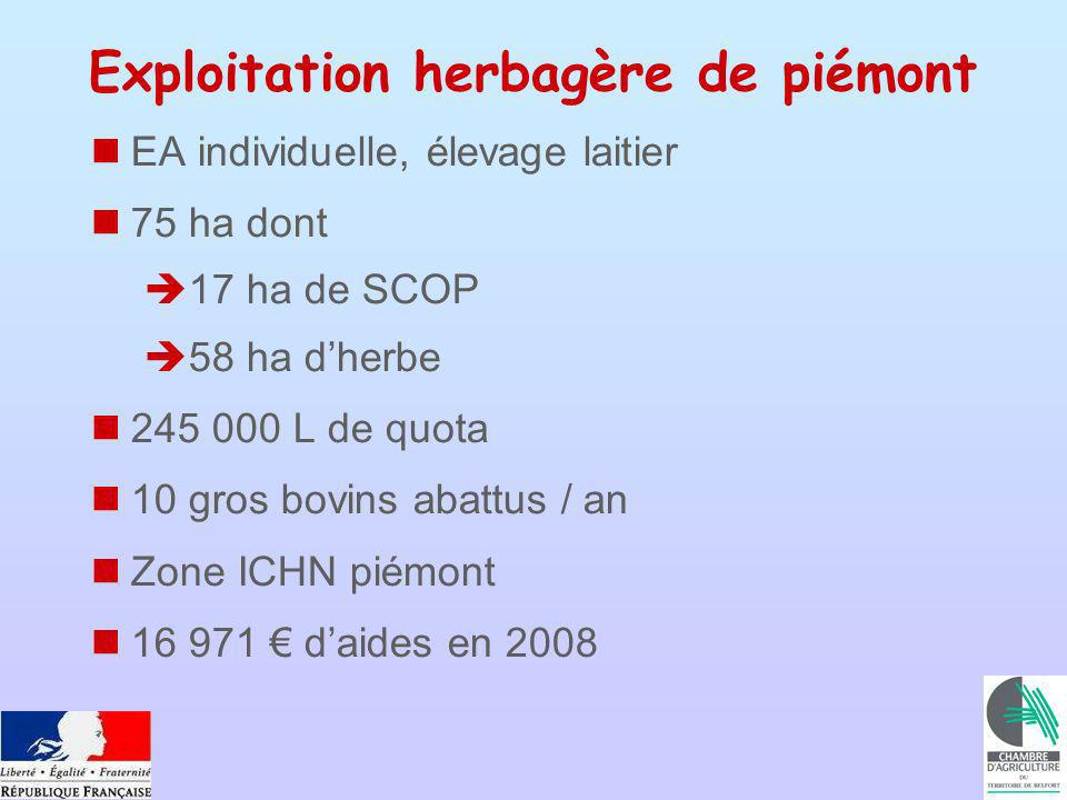 Exploitation herbagère de piémont EA individuelle, élevage laitier 75 ha dont 17 ha de SCOP 58 ha dherbe L de quota 10 gros bovins abattus / an Zone ICHN piémont daides en 2008