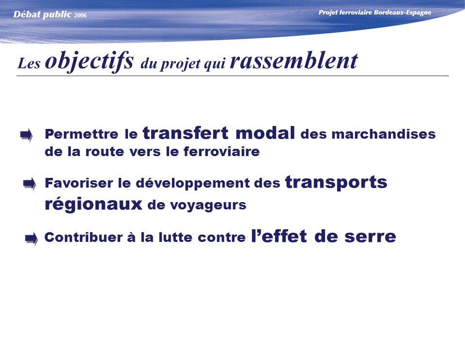 Permettre le transfert modal des marchandises de la route vers le ferroviaire Favoriser le développement des transports régionaux de voyageurs Contribuer à la lutte contre leffet de serre Les objectifs du projet qui rassemblent