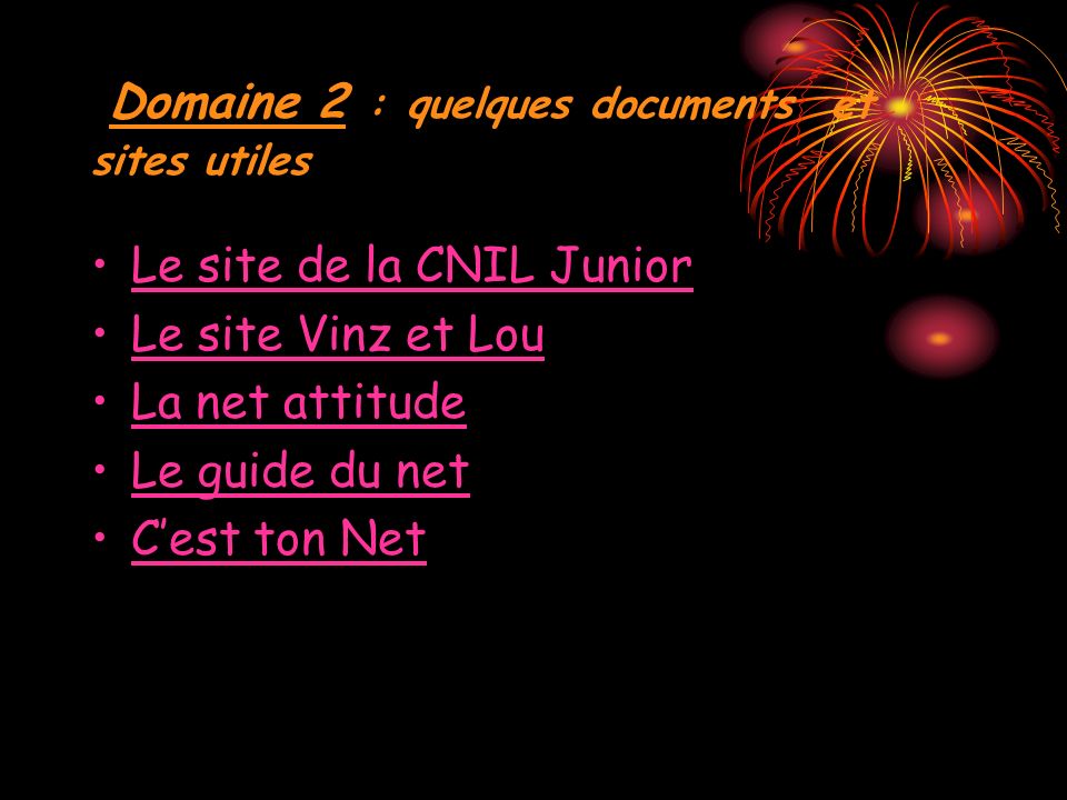 Domaine 2 : quelques documents et sites utiles Le site de la CNIL Junior Le site Vinz et Lou La net attitude Le guide du net Cest ton Net