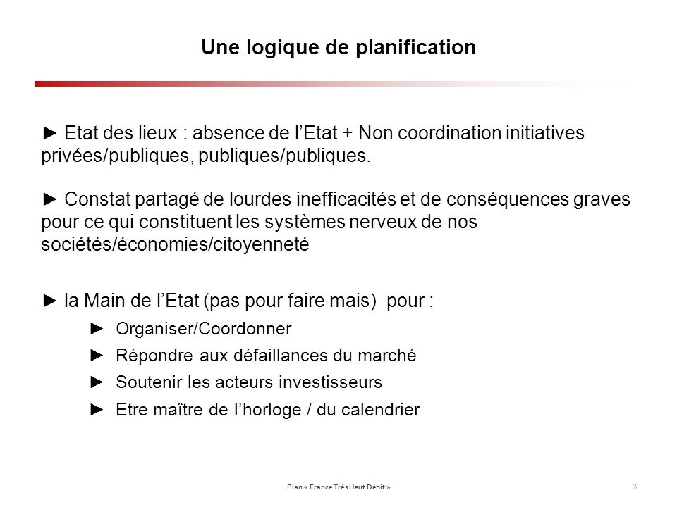 Une logique de planification Etat des lieux : absence de lEtat + Non coordination initiatives privées/publiques, publiques/publiques.