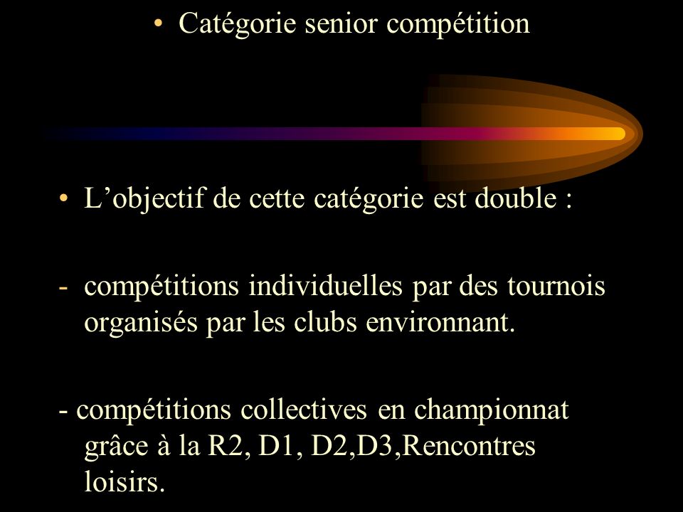 Catégorie senior compétition Lobjectif de cette catégorie est double : -compétitions individuelles par des tournois organisés par les clubs environnant.
