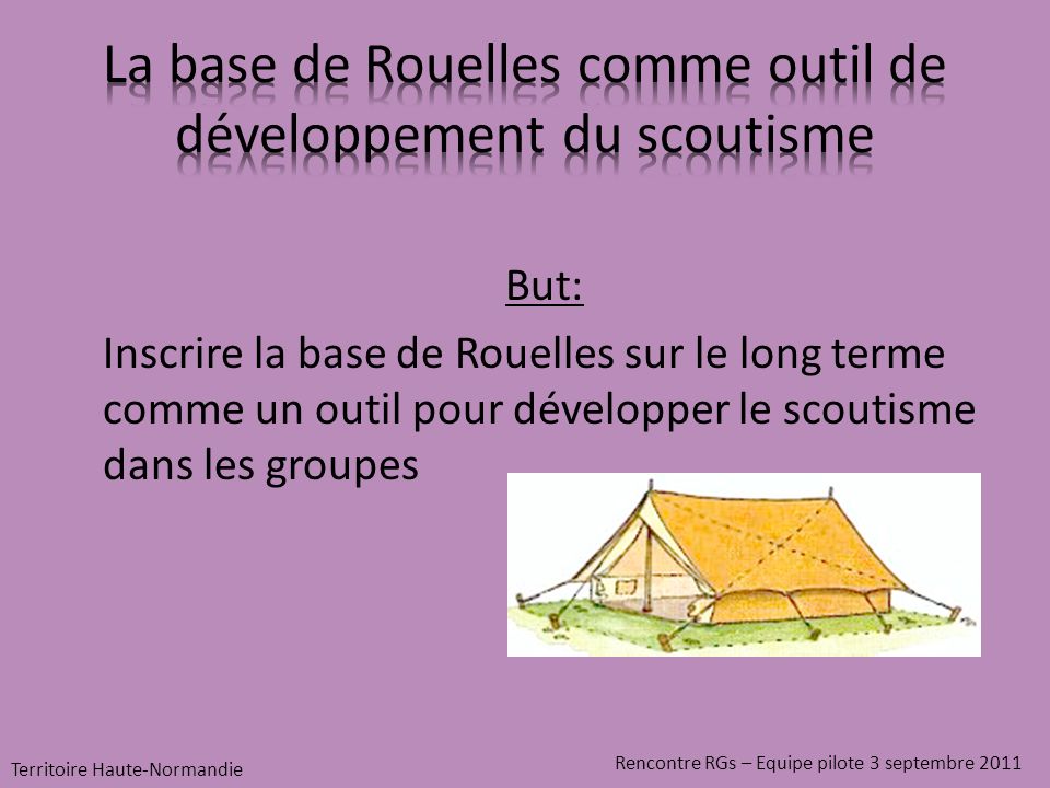 But: Inscrire la base de Rouelles sur le long terme comme un outil pour développer le scoutisme dans les groupes Territoire Haute-Normandie Rencontre RGs – Equipe pilote 3 septembre 2011