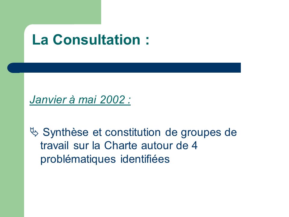 Janvier à mai 2002 : Synthèse et constitution de groupes de travail sur la Charte autour de 4 problématiques identifiées La Consultation :