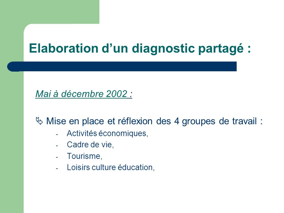 Elaboration dun diagnostic partagé : Mai à décembre 2002 : Mise en place et réflexion des 4 groupes de travail : - Activités économiques, - Cadre de vie, - Tourisme, - Loisirs culture éducation,