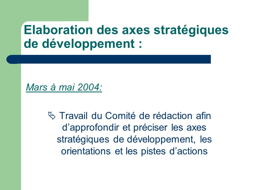 Mars à mai 2004: Travail du Comité de rédaction afin dapprofondir et préciser les axes stratégiques de développement, les orientations et les pistes dactions Elaboration des axes stratégiques de développement :