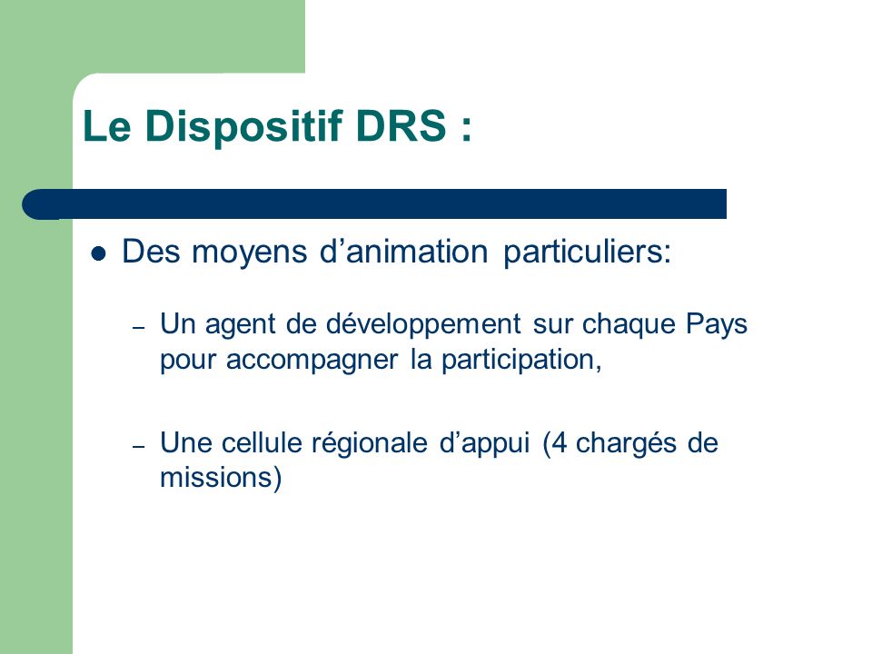 Des moyens danimation particuliers: – Un agent de développement sur chaque Pays pour accompagner la participation, – Une cellule régionale dappui (4 chargés de missions) Le Dispositif DRS :