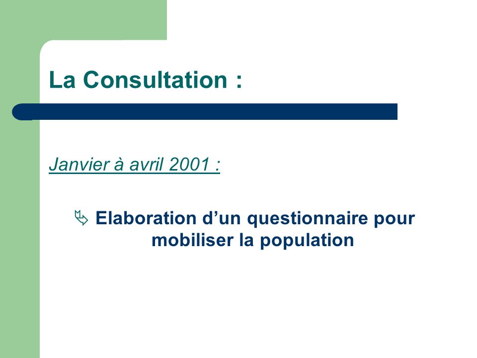 La Consultation : Janvier à avril 2001 : Elaboration dun questionnaire pour mobiliser la population
