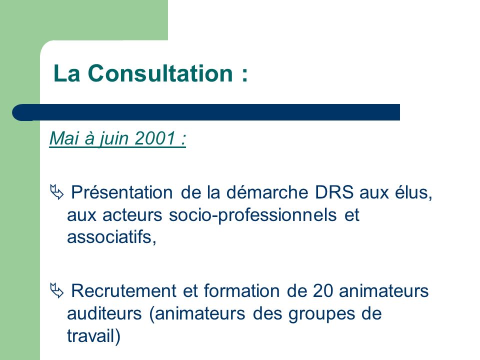 Mai à juin 2001 : Présentation de la démarche DRS aux élus, aux acteurs socio-professionnels et associatifs, Recrutement et formation de 20 animateurs auditeurs (animateurs des groupes de travail) La Consultation :