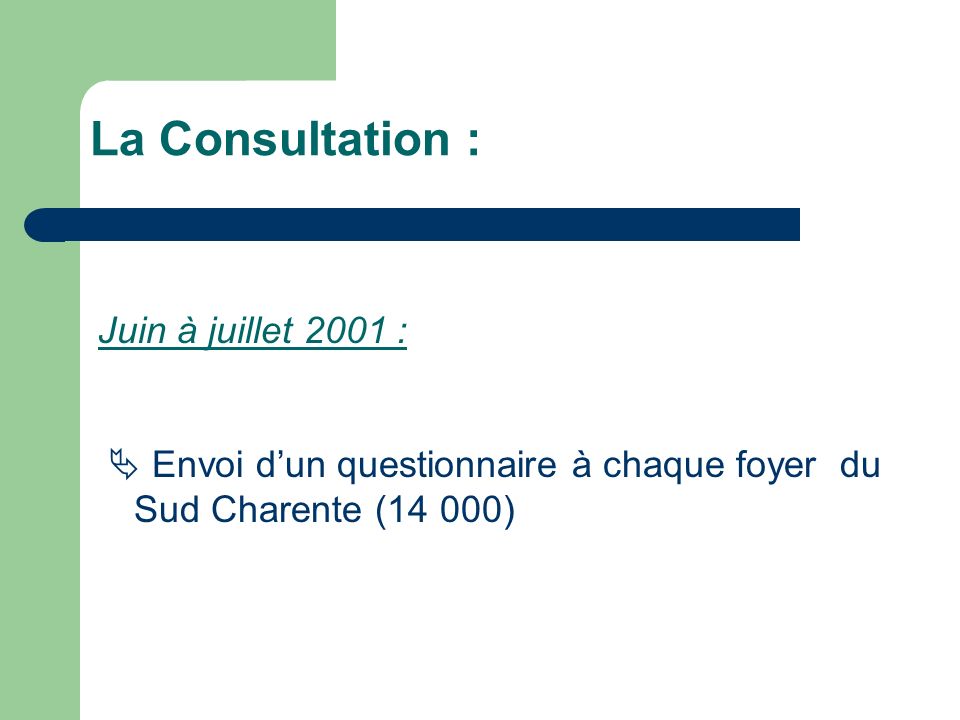 Juin à juillet 2001 : Envoi dun questionnaire à chaque foyer du Sud Charente (14 000) La Consultation :