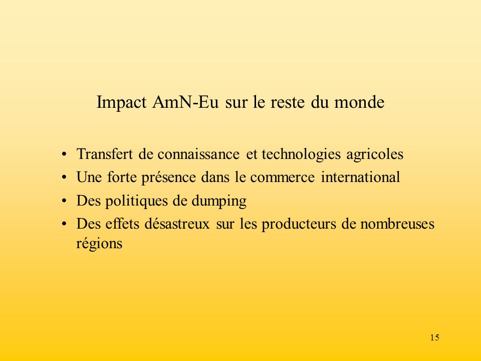 15 Impact AmN-Eu sur le reste du monde Transfert de connaissance et technologies agricoles Une forte présence dans le commerce international Des politiques de dumping Des effets désastreux sur les producteurs de nombreuses régions