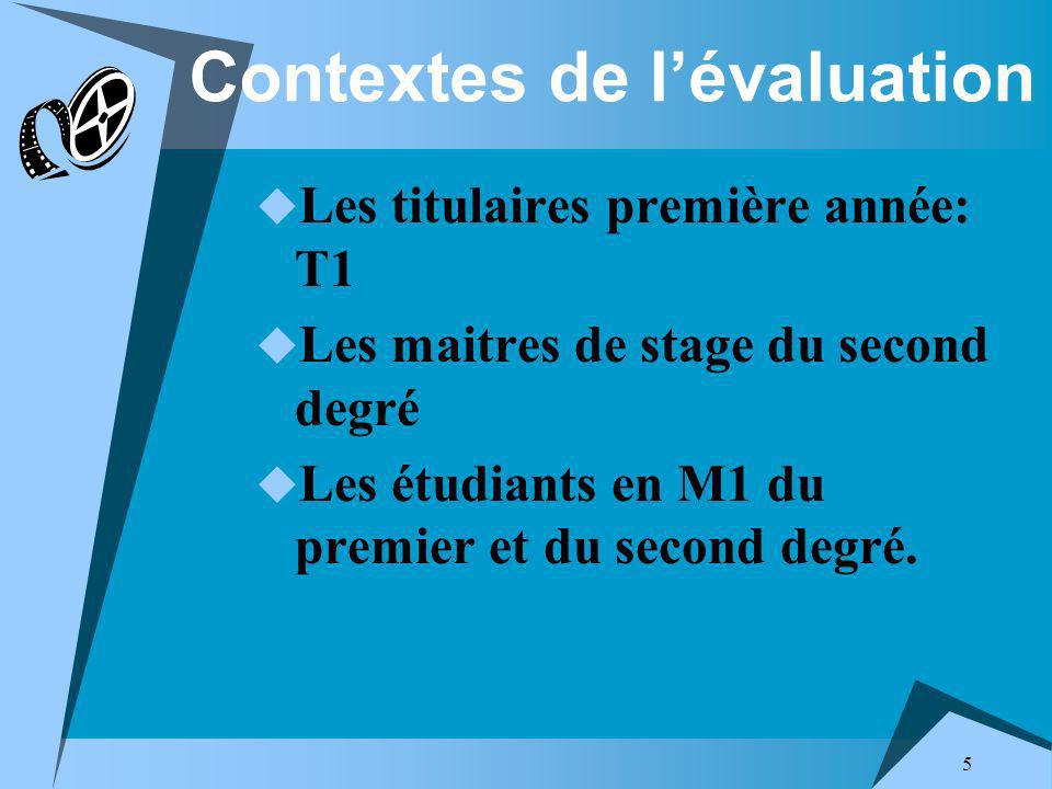 5 Contextes de lévaluation Les titulaires première année: T1 Les maitres de stage du second degré Les étudiants en M1 du premier et du second degré.