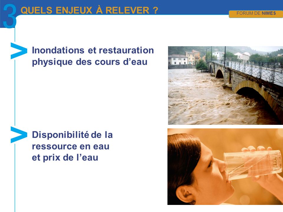 Inondations et restauration physique des cours deau Disponibilité de la ressource en eau et prix de leau QUELS ENJEUX À RELEVER .