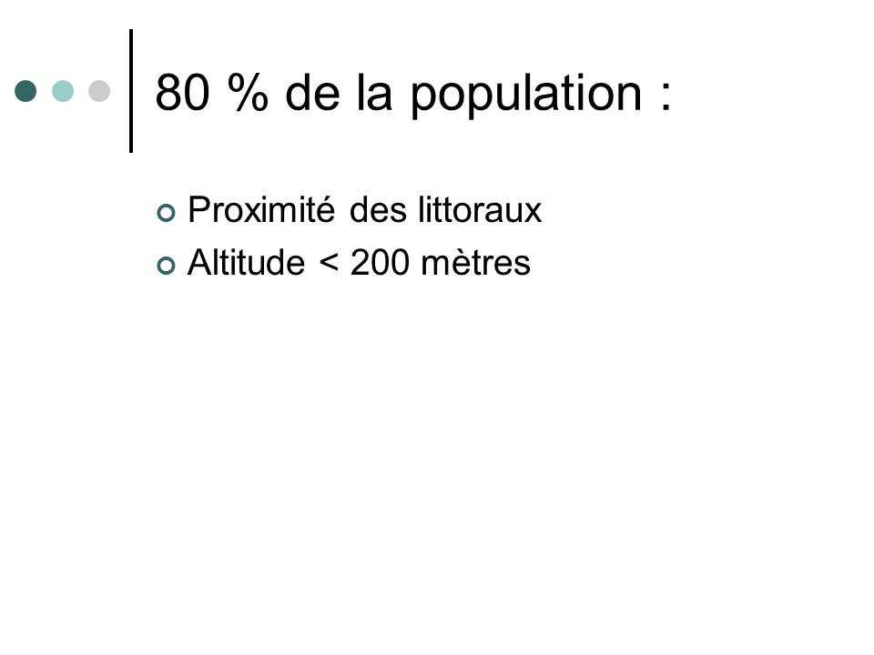 80 % de la population : Proximité des littoraux Altitude < 200 mètres