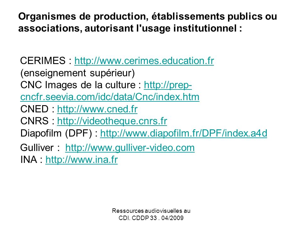 Ressources audiovisuelles au CDI. CDDP 33.