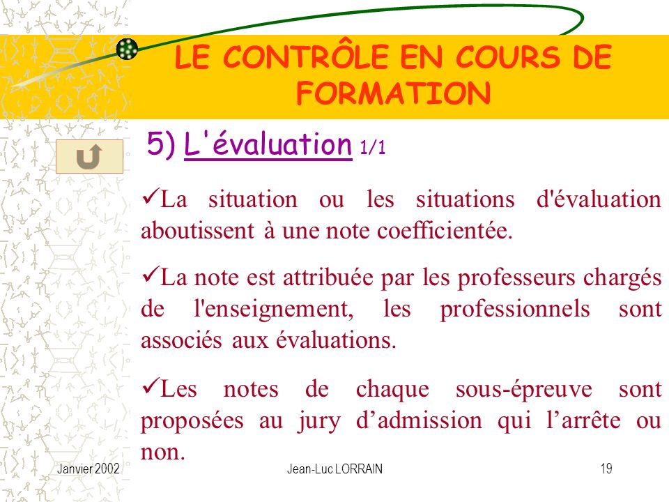 Janvier 2002Jean-Luc LORRAIN19 LE CONTRÔLE EN COURS DE FORMATION 5) L évaluation 1/1 La situation ou les situations d évaluation aboutissent à une note coefficientée.
