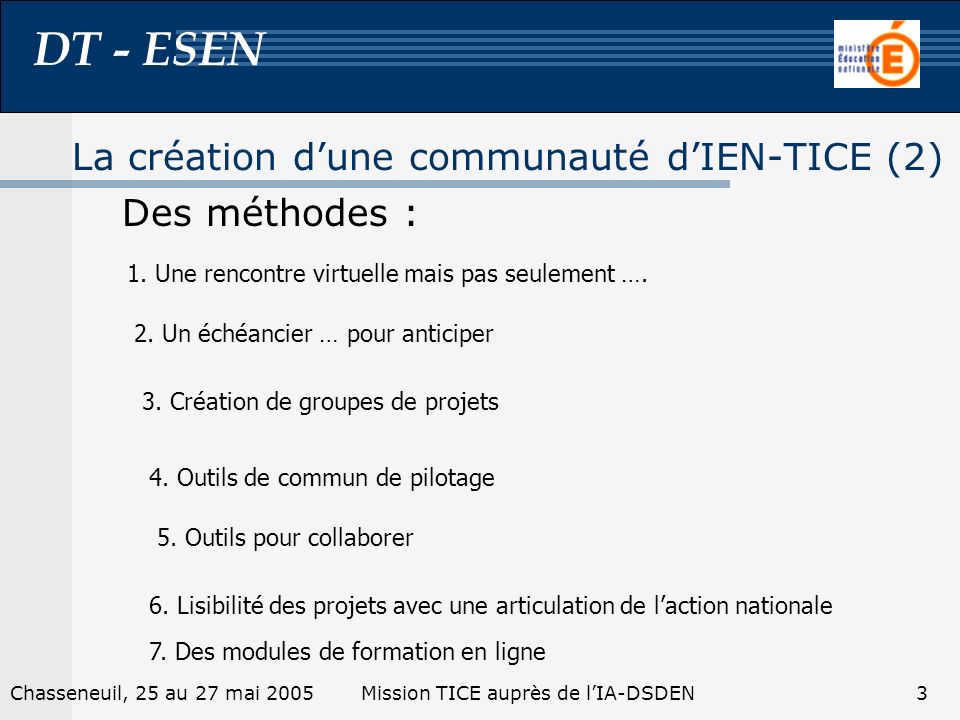 DT - ESEN 3Chasseneuil, 25 au 27 mai 2005Mission TICE auprès de lIA-DSDEN La création dune communauté dIEN-TICE (2) Des méthodes : 1.