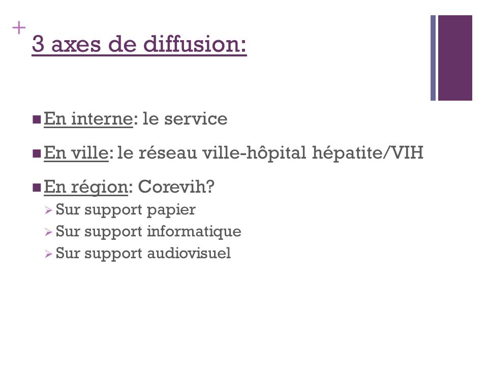+ 3 axes de diffusion: En interne: le service En ville: le réseau ville-hôpital hépatite/VIH En région: Corevih.