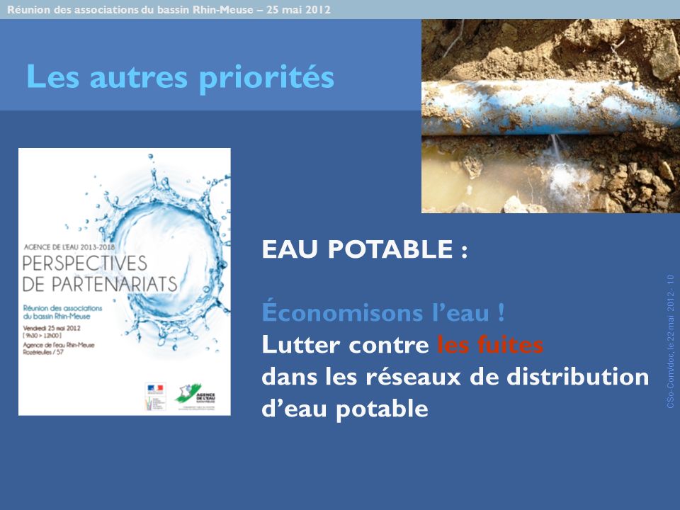 Réunion des associations du bassin Rhin-Meuse – 25 mai 2012 CSo-Com/doc, le 22 mai Les autres priorités EAU POTABLE : Économisons leau .