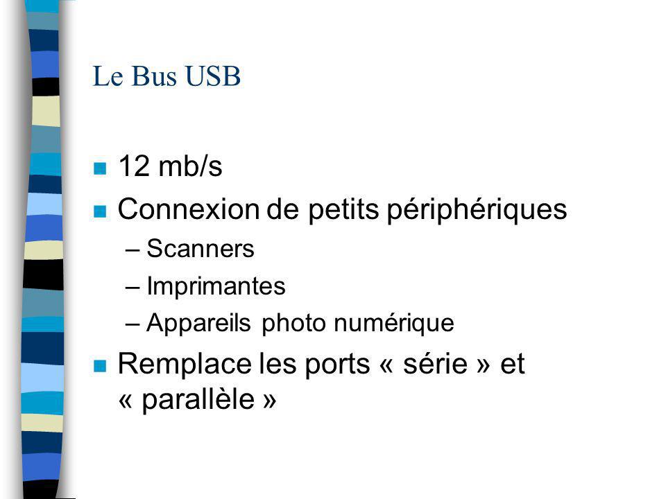 Le Bus USB n 12 mb/s n Connexion de petits périphériques –Scanners –Imprimantes –Appareils photo numérique n Remplace les ports « série » et « parallèle »