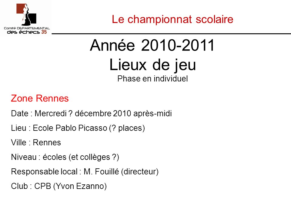 Le championnat scolaire Zone Rennes Date : Mercredi .