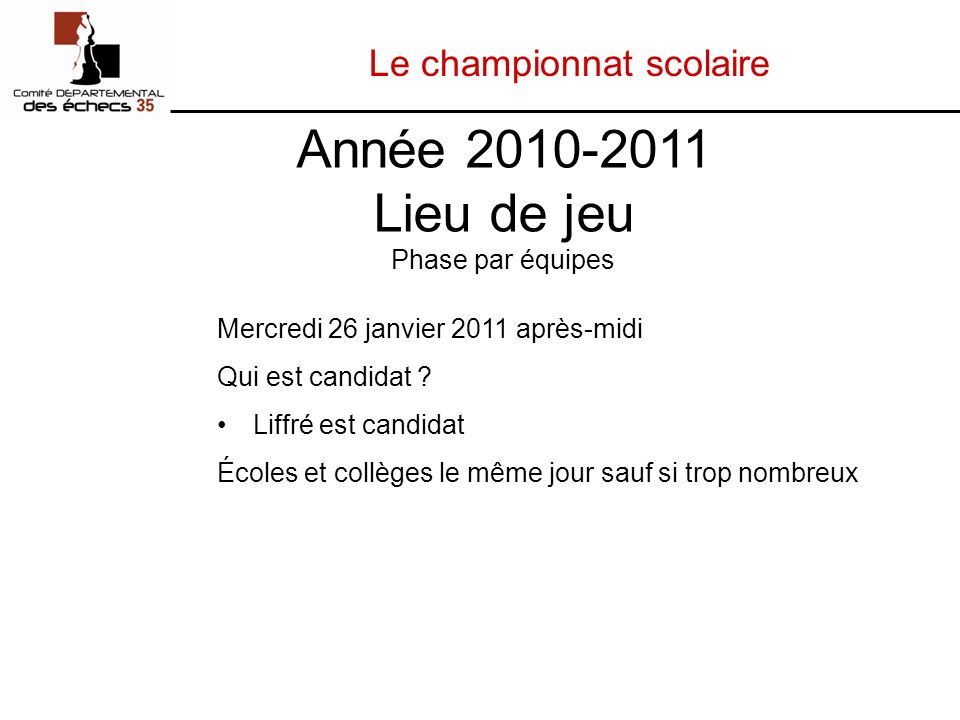 Le championnat scolaire Mercredi 26 janvier 2011 après-midi Qui est candidat .
