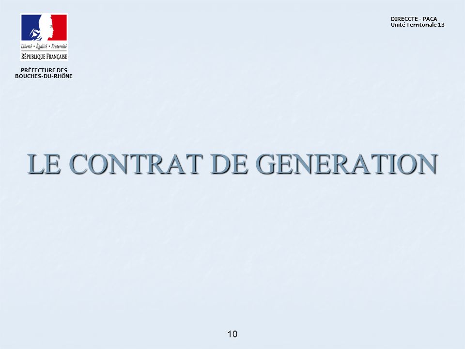 10 LE CONTRAT DE GENERATION PRÉFECTURE DES BOUCHES-DU-RHÔNE DIRECCTE - PACA Unité Territoriale 13
