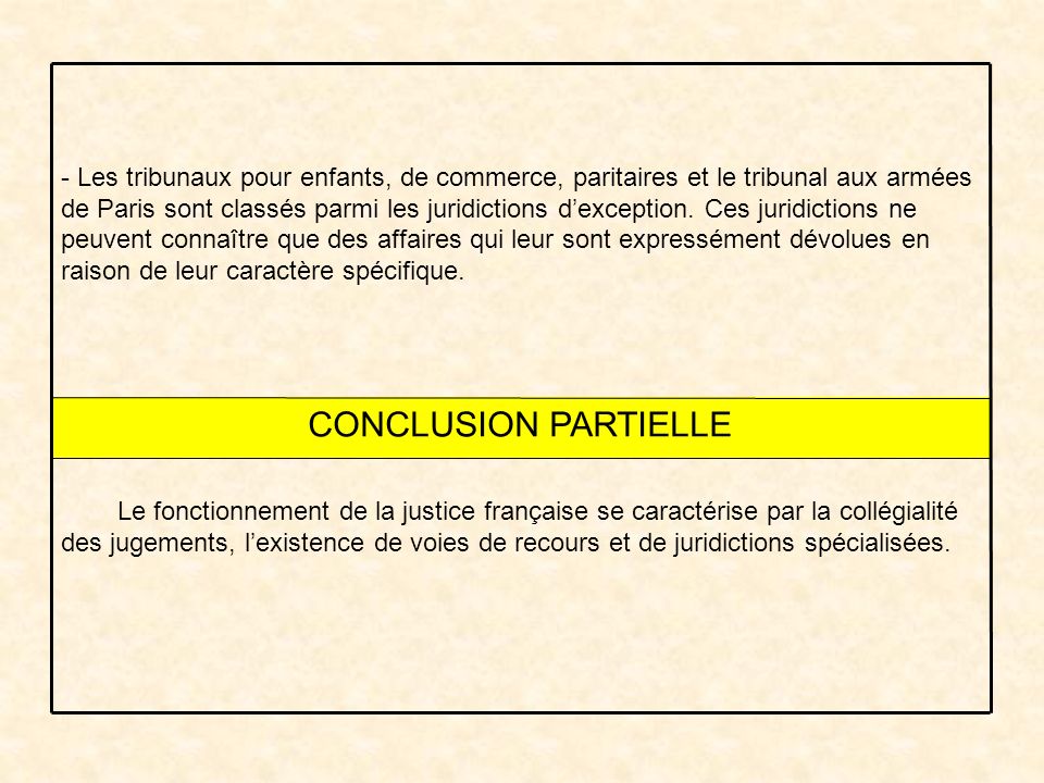 CONCLUSION PARTIELLE Le fonctionnement de la justice française se caractérise par la collégialité des jugements, lexistence de voies de recours et de juridictions spécialisées.