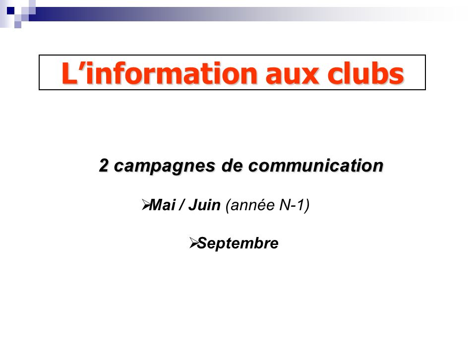 Linformation aux clubs 2 campagnes de communication 2 campagnes de communication Mai / Juin (année N-1) Septembre